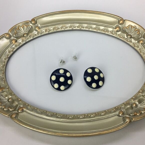 Vtg 1980s Navy and Cream Polka‎ Dot Stud Earrings Rockabilly Retro Pin Up - Picture 5 of 8